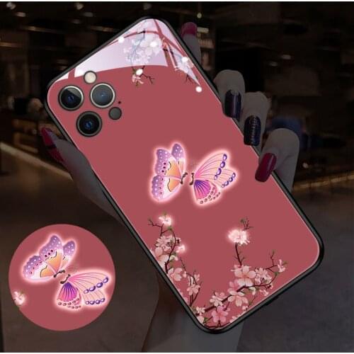 For iPhone 12 mini 11 Pro Max 8 7 6 6s Plus LED Flash Call Light Luminous Case X XS MAX XR butterfly flower tempered glass cover