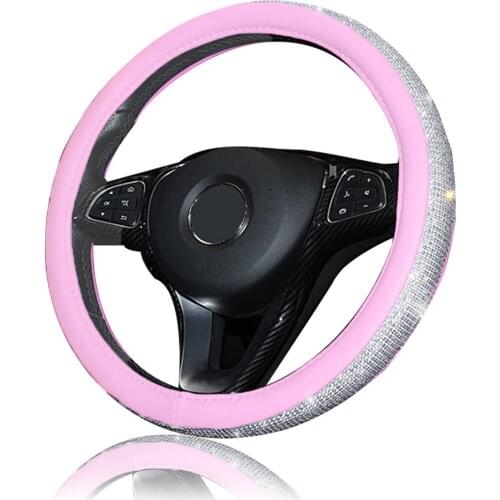 15" 38cm PU Leather Car Truck Steering Wheel Cover Crystal Bling Rhinestone Car Steering Wheel Cover Cute Steering Wheel Covers