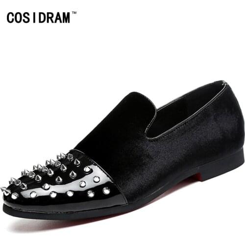 COSIDRAM Mens Luxury Brand PU Leather Casual Driving Shoes Rivets Loafers Man Moccasins Party Shoes BRM-001