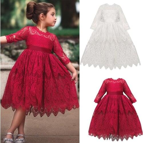 Kids Dress For Girls Lace Embroidery Full Seleeve Dresses Children Mesh Bow Wedding Birthday Party Vestidos Autum Winter Clothin