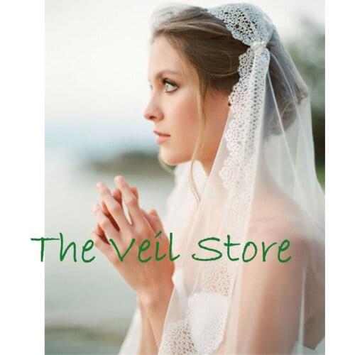 Long Juliet Vintage Lace Appliques Edge Bridal Wedding Veils for Brides Ivory Tulle Veil with pearls Velo de Negra Voile mariage