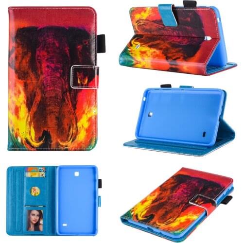 Cartoon Print Flip TPU + PU Leather Cover Card Slot Stand Funda Case For Samsung Galaxy Tab 4 7.0 T230 T231 T235 + Film + Pen