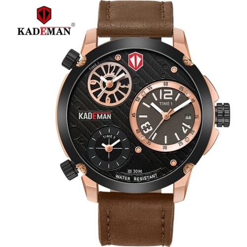 6100 KADEMAN Mens Watches Big Dial 3 Time Zone Fashion Business Luxury Brand Rose Gold Waterproof Leather Relogio Masculino