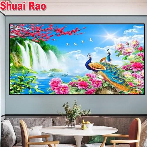 Waterfall Peacock landscape painting Diamond Painting Cross Stitch Full Square/round Drill Picture Of Rhinestones Embroidery