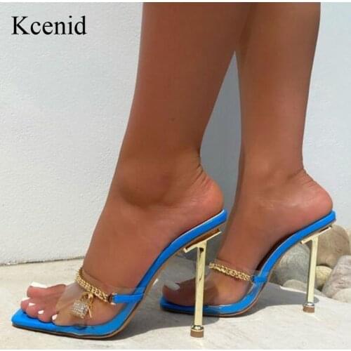 Kcenid New PVC Transparent Metal China Design Shoes Woman Square Toe Slippers Pumps Women Mules High Heels Lady Shoes Slides