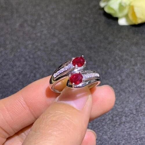 Natural red ruby gem Ring Natural gemstone ring S925 silver trendy Lovely double row women wedding party girl gift Jewelry