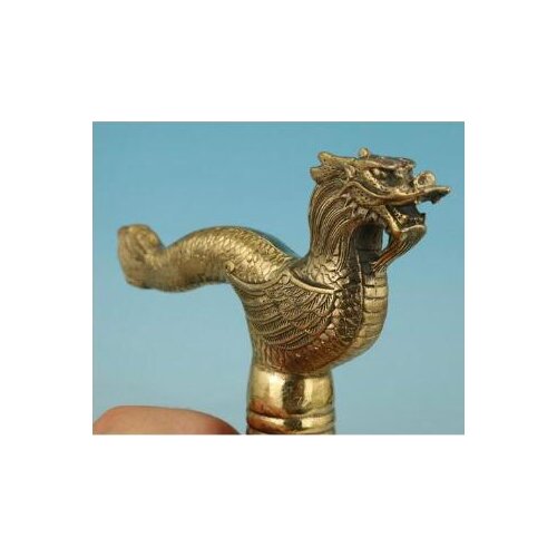 Brass Grandpa Good Lucky Collectible Old Collectable Handwork carved Dragon Statue Walking Stick Head Crafts Arts statues