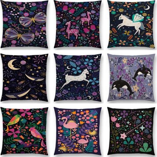 Cute Cartoon Animals Flowers Leaf Moon Stars Flamingo Deer Pegasus Whale Birds Giraffe Fox Cushion Cover Sofa Throw Pillow Case