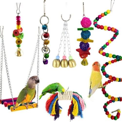 Cute 7PCS/Set Parrot Birds Toy Kit Swing Hanging Bells Wooden Bridge Accessories Bird Toy Standing Training Pet Tool