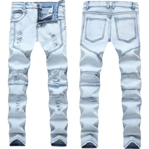 Men’s ripped elastic denim pants distressed classic blue jeans motor&biker slimming pants jeans mens casual pants