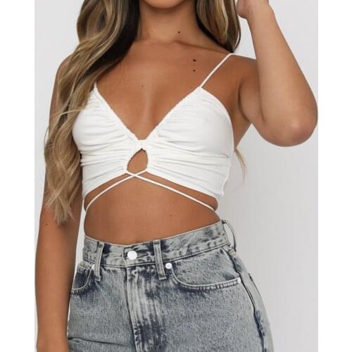 The Latest Arrival Women Solid Color Chic Sexy Camisole Thin Shoulder Straps Deep V-Neck Cross-Lace Cropped Camisole Top