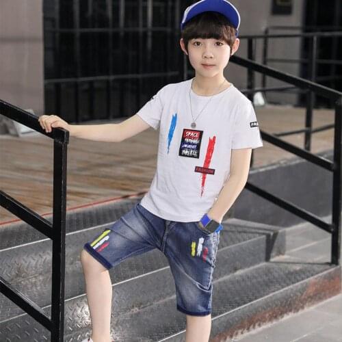 NEW School Boy Sets Summer Tops & Jeans Casual Letter Short Sleeve Kids Sports Suit Child Clothes 5 6 7 8 9 10 11 12 13 14 Years