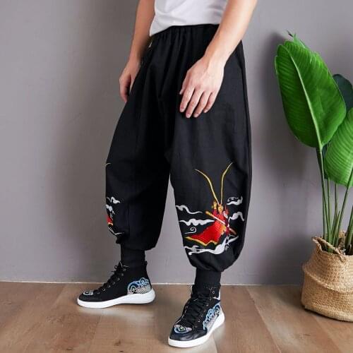 Autumn Winter Men Yoga Tai Chi Kungfu Pants Linen Embroid Loose Harem Wide Leg Bloomers Casual Baggy Running Jogger Workout Pant