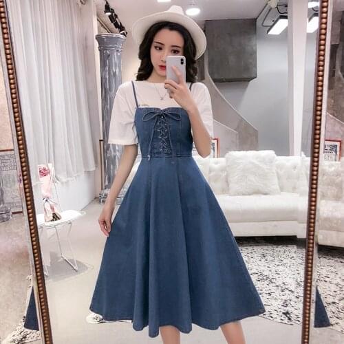Spring High Waist Slim Straps Midi Dress Fashion Elegant Ladies Denim Dresses Back Zipper Summer Beach Robe Light Blue S-XL