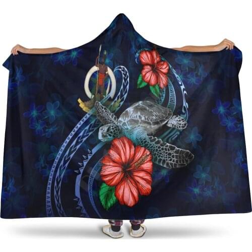 Vanuatu Polynesian Hooded Blanket Blue Turtle Hibiscus 3D printed Wearable Blanket Adults Kids Various Types Hooded Blanket