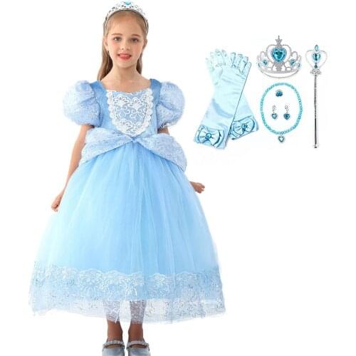Deluxe Cinderella Fancy Dress Up Girls Christmas Halloween Party Costume Accessories Kids Birthday Wedding Gown 4- 10 Years