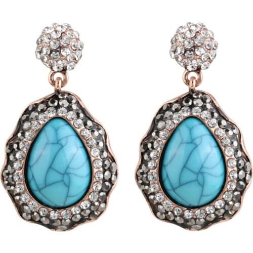 FYJS Unique Light Yellow Gold Color Water Drop Green Turquoises Stone Stud Earrings with Rhinestone Jewelry