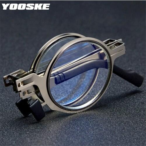 YOOSKE Anti Blue Blocking Folding Reading Glasses Women Men Metal Round Foldable Presbyopia Reader Hyperopia Diopter Eyewear