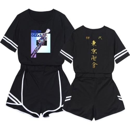 Tokyo Revengers Short Suit Two Piece Anime Cosplay Character Print Women Girl Black Loose Tracksuit Crop Set 2021 Summer Outfits