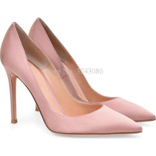Woman Satin Pink Stiletto Heel Pumps Fashion Pointed Toe Red Black Beige High Heels Single Shoes Lady Large Size Office Shoes