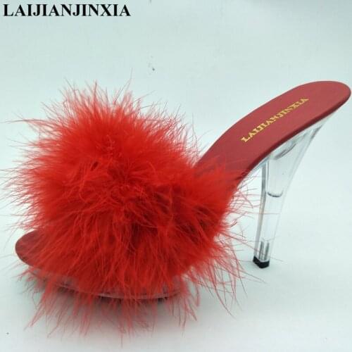 LAIJIANJINXIA New 5 Inch High Heels Slippers 13CM Stripper Shoes Plump Feathe Crystal Shoes Hot Sexy Platform Womens Shoes