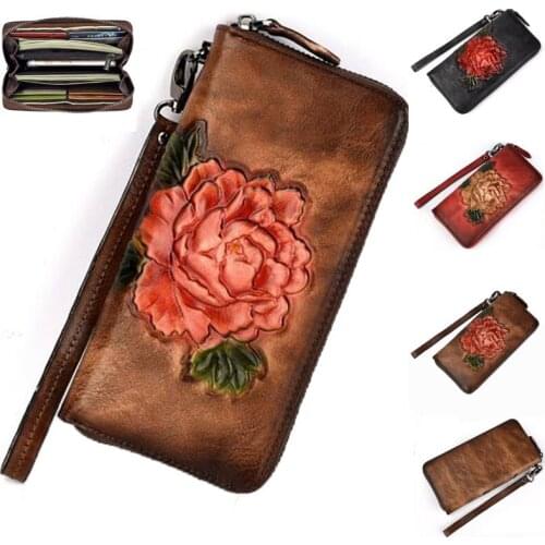 Vintage Women Long Wallet Money Handy Bag ID Card Holder Coin Rose Embossed Clutch Wrist Bags Women Genuine Leather Purse