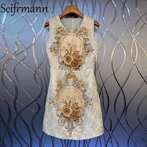 Seifrmann New 2021 Summer Women Fashion Runway Midi Dress Sleeveless Gorgeous Crystal Beading Patchwork A-Line Dresses Vestidos