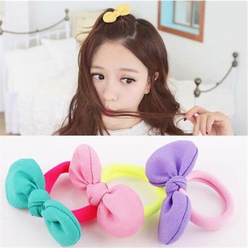 10Pcs Childrens fruit color rabbit ears Bow knot flower hair rope rubber band chiffon hair ring jewelry wholesale