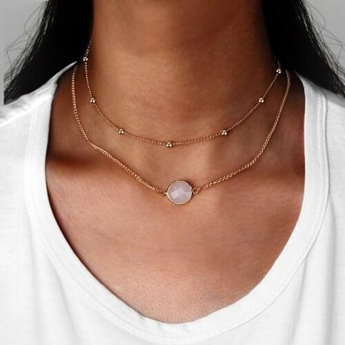 10 pieces/lot Double Layer Necklaces Women Girls Link Clavicle Chain Gold Color Nature Stone Pendant Chokers Beads Charm Jewelry