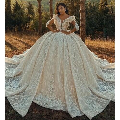 Arabic Bridal Wedding Gowns Long Sleeves V Neck Shher Through Lace Appliques Beaded Dubai Wedding Dress 2021 Designer Gown