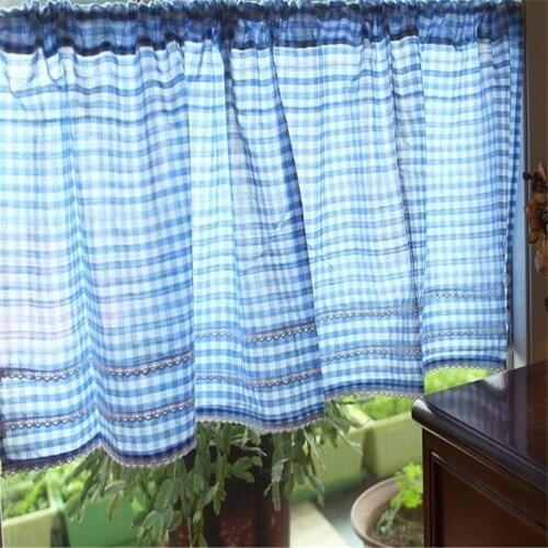 Free Shipping Pastoral Grid Half Blue Coffee Closet Kitchen Short Small Curtain Wardrobe Cupboard Shades Home Window Blinds