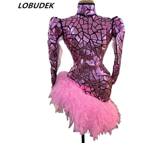 Glitter Pink Sequins Laser Faux Mirror Tassel Dress Women Singer Performer Fashion Stage Wear Birthday Party Nightclub Costume