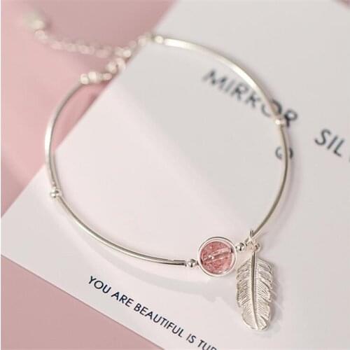 Bohemian 925 Sterling Silver Bracelets Sweet Pink Crystal Bean Feather Pendant Adjustable Size Chain For Women Birthday SB066