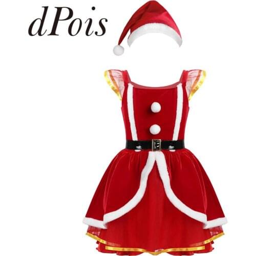 Children Girls Soft Velvet Santa Claus Christmas Dance Costume Princess Girl Mesh Tutu Party Dress with Hat Kids Xmas Outfits