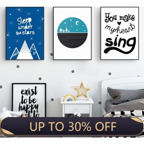 Cartoon Sleep Under Stars Moon Blue Sky Nursery Decor Canvas Painting Nordic Poster Print Wall Art Pictures Kids Room
