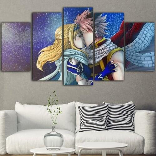 Canvas Painting 5 Pieces Lovers Kiss Poster Anime Oil Painting Print on Canvas for Decor Living Room (No Frame)