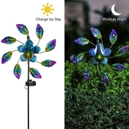 Wrought Iron Painted Blue Glowing Pea cock Decorative Lawn Stake Solar Light Windmill Yard And Garden Home Decor Ornaments