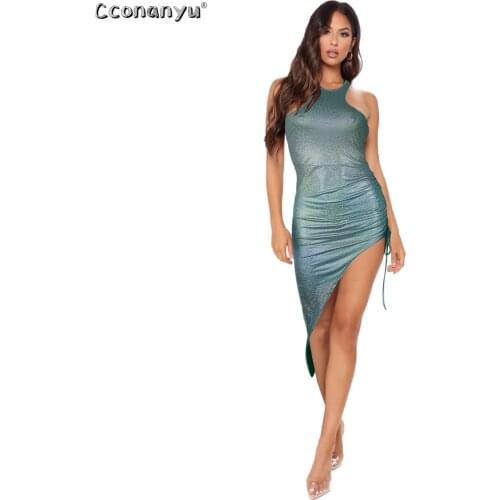 Summer Sparkling Folding Sleeveless Elegant Womens Wear Slim irregular nightclub dress