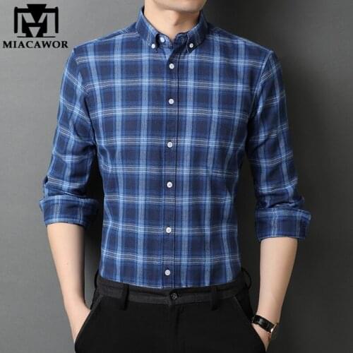MIACAWOR New Spring Long Sleeve Shirts Men Cotton Slim Fit Casual Shirts Fashion Plaid Dress Shirts Camisa Masculina C733