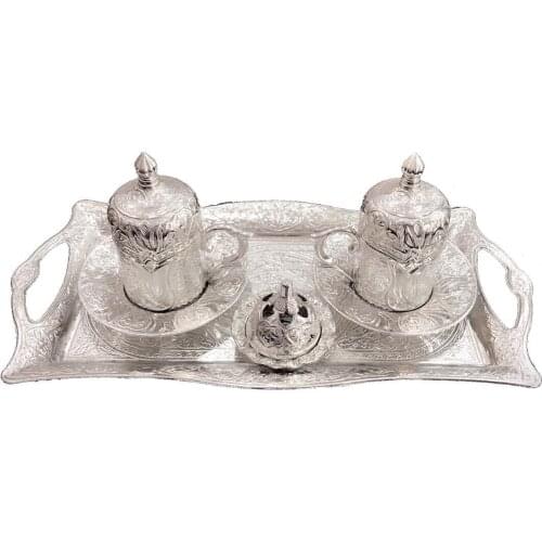 Motif Silver handmade authentic design Turkish Greek Arabic coffee Espresso set Service cups with lid tray Sugar Bowl gift
