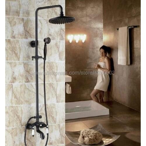 Wall Mounted Bathroom Oil Rubbed Bronze Rainfall Shower Set Faucet + Tub Mixer Tap + Handheld Shower Spray Krs404
