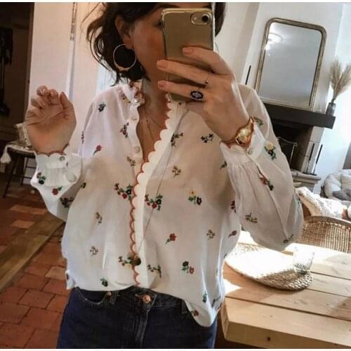 Elfbop 2019 New Ladies Cotton Long Sleeve Ruffle Neckline Embroidered Shirt Top - Latest Stylish Embroidery Blouse Shirt
