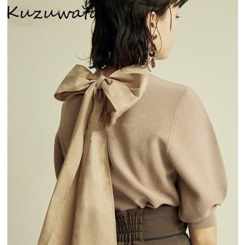 Neck O Neploe Lace Up Bow Design Solid Knit Sweater Women Work Style Ol Loose Solid Pull Femme Summer 2021 New All Match Sueter