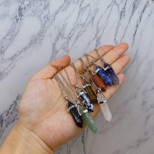 1pc Natural Pink Quartz Crystal Stone Necklace Silver Plated Hexagonal Chakras Healing Point Pendulum Artificial Stone Pendant