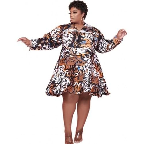 Leopard African Dress Women V Neck Full Sleeve Loose Casual Robe 2021 Autumn New Fashion Ruffle Patchwork African Dress Vestidos