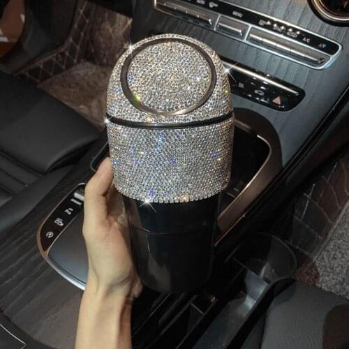 Luxury Car Trash Can Creative Inlaid With Diamond Rhinestones Storage Bucket Auto Ashtray Box Slot Water Cup Holder Black
