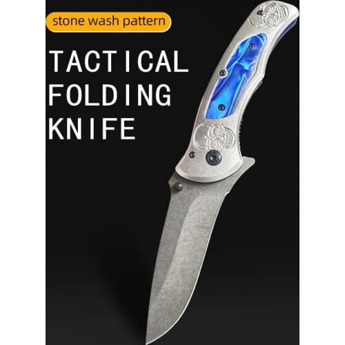 Skull Embossed Handle Folding Pocket Knife Outdoor Survival Tactical Knife Camping Knifes Self-Defense EDC Tool Stone Wash Blade