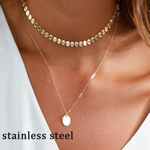 SUQI Stainless Steel Sterling Coins Gold Silver Color Double Chain Choker Necklace Pendant Rock Punk Fashion Jewelry Party Gift