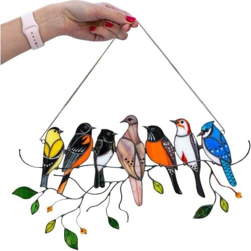 Birds Ornaments Wind Chimes Birds On A Wire High Stained Suncatcher Window Panel Bird Series Pendant Gifts Home Decoration