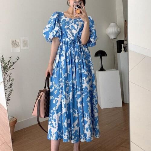 Korea Retro Thin Ink Print Long Dresses Women Elegant Square Collar One Piece Ruffles Japanese Dress Female Lantern Sleeve Dress